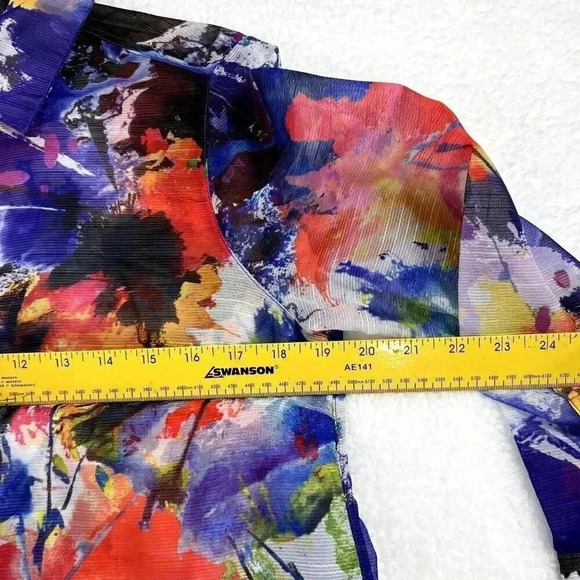 JOHN MARK MIXED PRINT BLUE BUTTON FRONT LONG SHEER TUNIC BLOUSE TOP SIZE SMALL - Picture 6 of 13